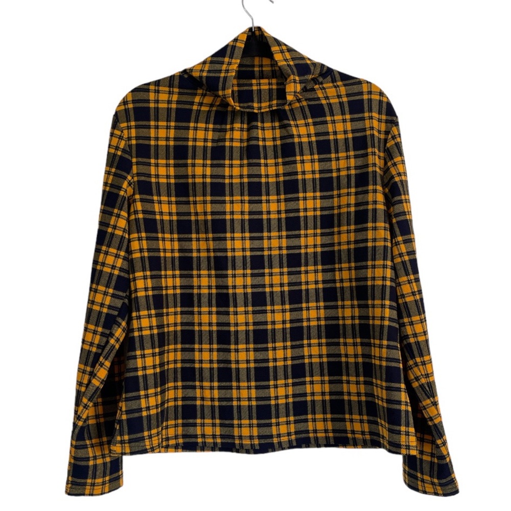Stretch navy/yellow plaid turtle neck